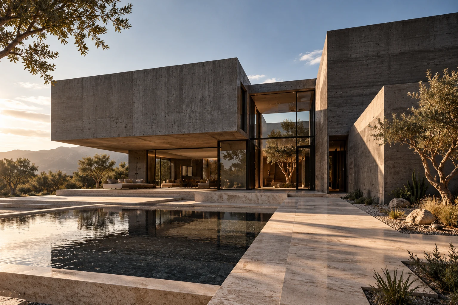 Casa de concreto contemporáneo con patio acristalado y espejo de agua al atardecer