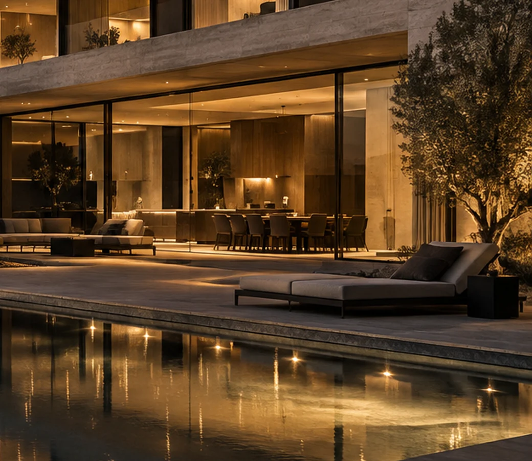 Detalle de arquitectura contemporánea con concreto, iluminación cálida y ventanales