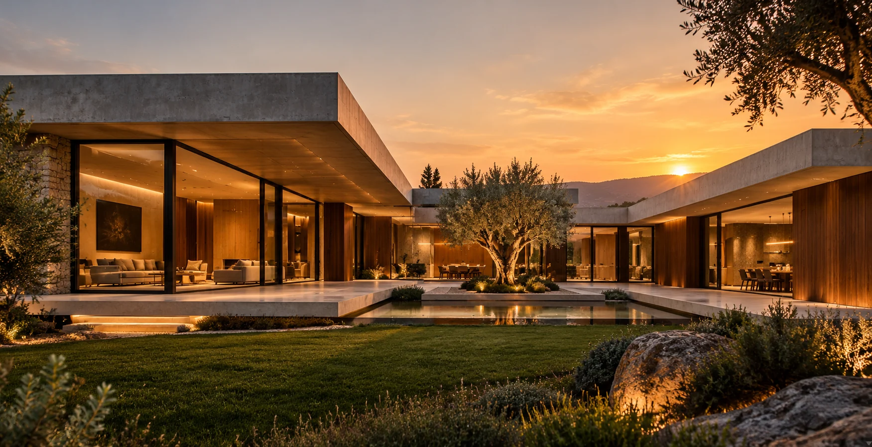 Pabellón residencial de cristal, madera y patio ajardinado con un olivo al atardecer