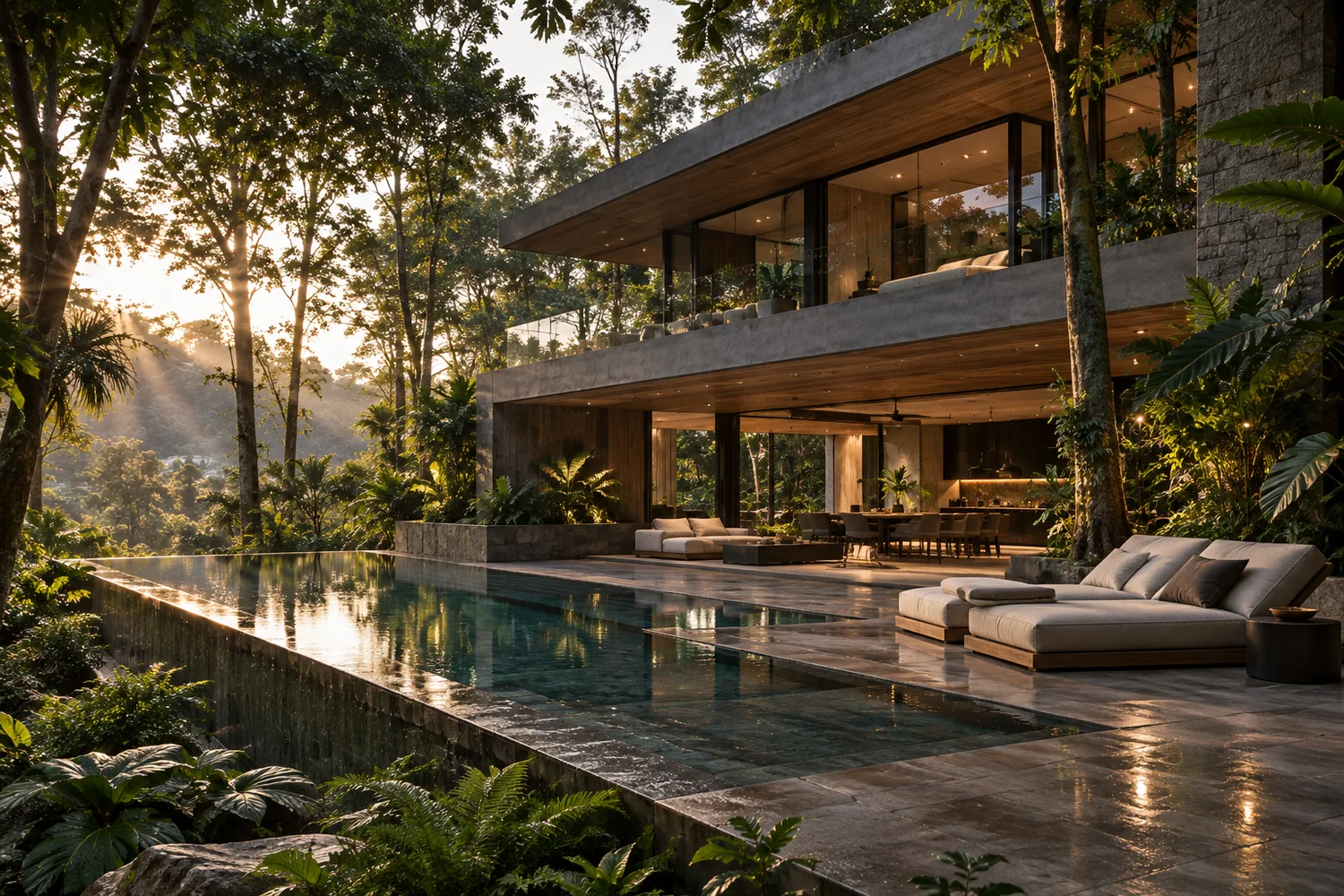 Casa de arquitectura contemporánea rodeada de bosque tropical con piscina reflectante