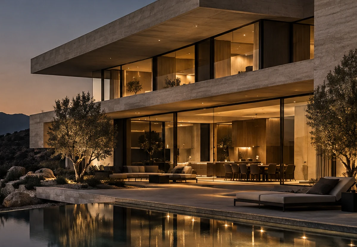 Residencia contemporánea de concreto, vidrio y piscina al atardecer