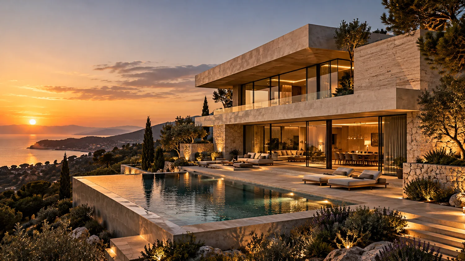 Villa contemporánea de piedra cálida con piscina infinita frente a una bahía al atardecer